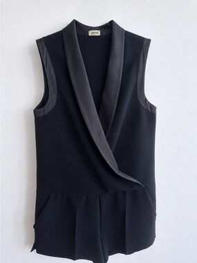 L'AGENCE Black Draped Sleeveless Romper with Satin Trim